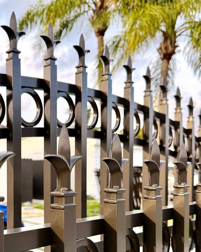 Detalle de una reja ornamental con puntas de lanza y motivos circulares