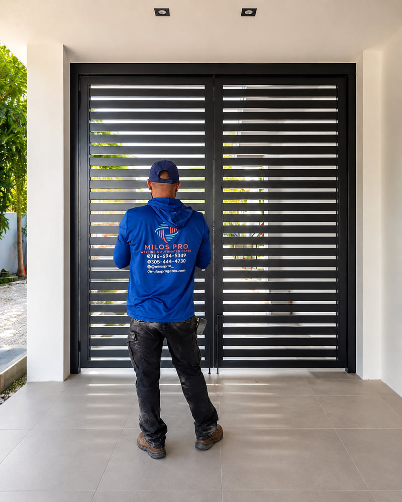 Técnico de Milos Pro con la camisa de la marca frente a un portón de listones horizontales recién instalado